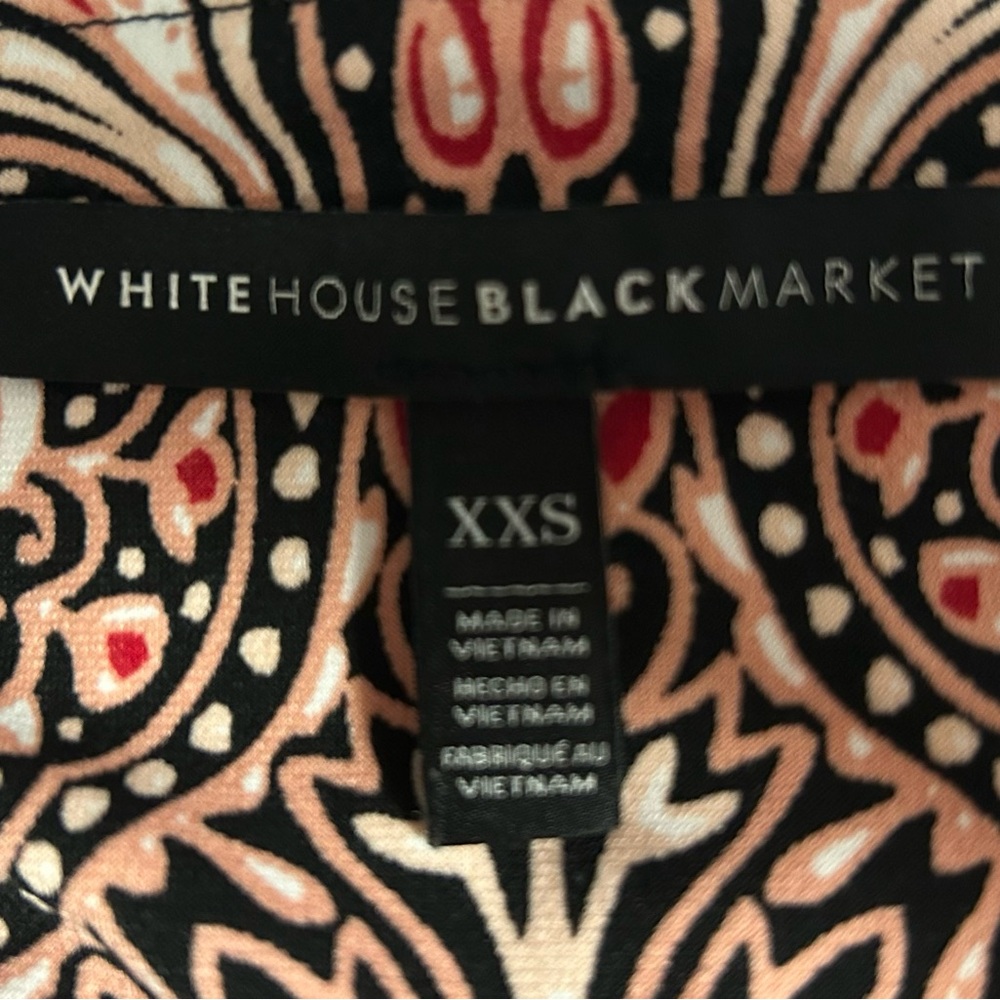 White House Black Market Ornate black,cream, pale pink and red dress.